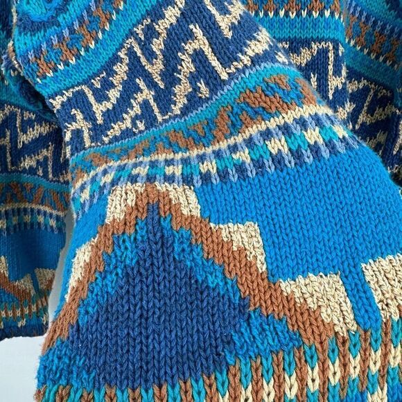 Segrets Sun Prints Teal Navy Tan Fair Isle Aztec Grandpa Chunky Knit Sweater - Picture 7 of 12